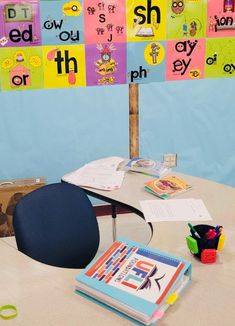 there is a table with some books on it and a sign that says, ph