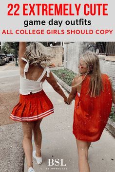 two girls in red dresses holding hands and walking down the street with text overlay reading 22 college game day outfits