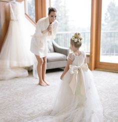 Bride And Flower Girl Getting Ready, Married Photoshoot, Mother Daughter Wedding, White Flower Girl Dress, Bridesmaid Pictures, Wedding Portrait Poses, Fairy Wedding, White Flower Girl Dresses, Fantasy Wedding