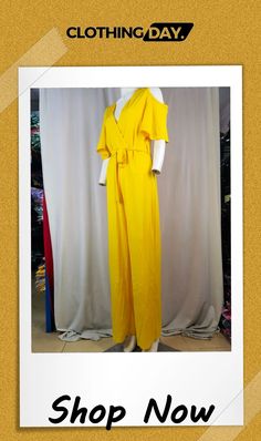 Women Cut Out Short Sleeve Wide Leg Jumpsuit with Belt Yellow Jumpsuit For Party, Yellow V-neck Jumpsuits And Rompers For Vacation, Yellow Short Sleeve Jumpsuits And Rompers For Vacation, Yellow Summer Jumpsuits And Rompers For Party, Yellow Summer Party Jumpsuits And Rompers, Summer Yellow Party Jumpsuits And Rompers, V-neck Jumpsuits And Rompers For Beach Day Out, Chic V-neck Jumpsuits For Beach Season, Chic Yellow V-neck Jumpsuit