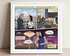 a comic strip with an image of a man and woman talking to each other in the background