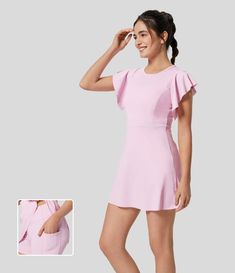 Women’s Ruffle Short Sleeve 2-Piece Side Pocket Flare Mini Yoga Active Dress - Halara Pink Off Shoulder Dress Casual, Workout Dress, Active Dress, Yoga Dress, Bleach Wash, Ruffle Shorts, Butterfly Sleeves, One Piece Dress, Side Pocket