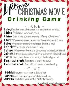 a christmas movie drinking game is shown in red and white striped paper with words on it