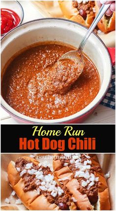 hot dog chili recipe in a white bowl with the title above it, and an image of