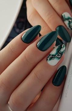 # nail arts# Green Nails Aesthetic, Winter Nail Art Designs, Black Almond Nails, Winter Nail Polish, Fall Nail Art Designs, Nail Art At Home, Nail Polish Trends, Short Nails Art