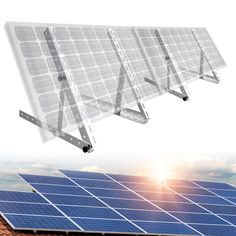 three solar panels on top of a roof with the sun in the background and an image of