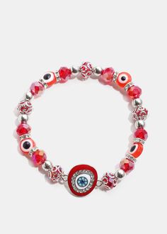 Big Evil Eye Bead Bracelet S. Red JEWELRY - Shop Miss A Colorful Beads Red Evil Eye Bracelet, Red Beaded Evil Eye Bracelet With Round Beads, Trendy Red Beaded Bracelets With Colorful Beads, Trendy Red Bracelets With Colorful Beads, Red Beaded Evil Eye Bracelet, Red Faceted Beads Bracelet, Trendy Red Beads For Gifts, Traditional Red Faceted Beads Bracelet, Red Spiritual Crystal Bracelet With Faceted Beads