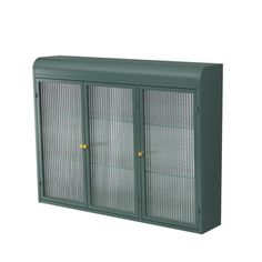 a green metal cabinet with glass doors on the front and bottom, against a white background