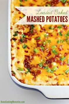 loaded baked mashed potatoes in a casserole dish