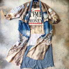 Upcycled Stitches, Shabby Chic Couture Designer Visvim/Bpro Kimono Handcrafted Boro Patchwork "Time Is Money" Ivana Ruzzo Designer Denim Hippie Kimono From "Right Amount Of Wrong" Upcycled Art To Wear Collection. Over-Loved, Women's Upcycled Clothing Denim Embroidered, Embellished, Sustainable Artisan, Eco-Friendly, Environmentally Friendly Distressed Fabrics. Recycled Cotton, Flannel, Denim Concept Upcycled Handmade, One Of A Kind Kimono One Size Fits Most Pit To Pit 26' Length 53 "Art To Wear" Upcycled Fashion Refashioning, Upcycle Jean Jacket, Boro Patchwork, Upcycle Fashion Diy, Bedazzled Jeans, Recycled Kimono, Upcycled Jackets, Patchwork Kimono, Unusual Clothes