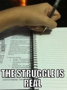 someone is writing in a notebook with the caption'the struggle is real '