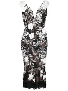 black/white silk blend floral embroidery floral appliqué ruffled detailing plunging V-neck V-back rear tie fastening sleeveless straight hem mid-length