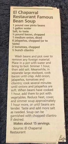 the menu for el chaparro restaurant famous bean soup