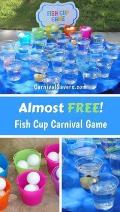 an almost free fish cup carnival game is featured in this collage with images of cups and bowls