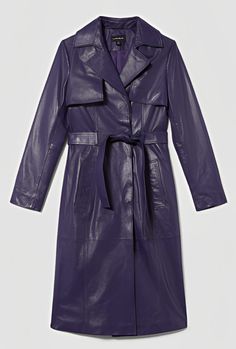 Women's Leather Trench Coat In Purple Outer Shell: Real Leather Leather Type: Sheepskin Leather Finish: Semi-aniline Feature: Belted Waist Closure Style: Wrap Belted Collar Style: Notch Cuffs Style: Open Hem Inside Pockets: One Outside Pockets: Two Side Pocket Color: Royal Blue Purple Trench Coat, Leather Trench Coat Woman, Leather Shorts Women, Short Leather Skirts, Buy Coats, Leather Jumpsuit, Coat Stand, Shearling Vest, Distressed Jacket