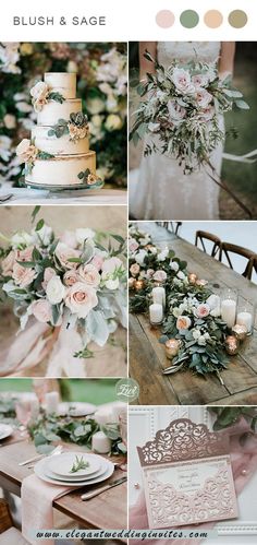 a collage of photos with flowers, candles and wedding cake on it's table