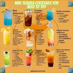 a poster with different types of cocktails and drinks on it's side, including tequila