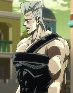 an anime character with grey hair and no shirt standing in front of a city street