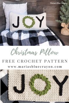 a crocheted christmas pillow with the word joy on it and a green wreath