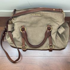 Miu Miu Vitello Lux Medium Bow Dark Beige Denim With Lambskin Leather Details Satchel. Good Condition. Gently Used. Miu Miu Bag, Dark Beige, Lambskin Leather, Miu Miu, Satchel, Bag Lady, Outfit Inspo, Leather, Color