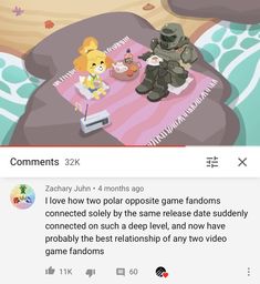 an image of two people sitting on a bed with the caption'i love how polar opposite game fans connected solely by the same release date