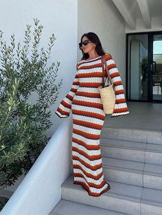 Women's Cotton Knitted Bodycon Backless Dress Striped Hollowed Out Flared Sleeves Ruffle Vestidos O-neck Vacation  Wave Cut Robe

 
 




	
		
			
			Product Imformation

			
		
		
			
			Material information:

			
		
		
			
			SIZE

			
			
			S

			
			
			M

			
			
			L

			
			
			 

			
			
			 

			
			
			 

			
			
			 

			
			
			 

			
		
		
			
			bust cm 

			
			
			80-88

			
			
			84-92

			
			
			88-96

			
			
			 

			
			
			 

			
			
			 

			
			
			 

			
			
			 

			
		
		
			
			sleeve Length cm 

			
			
			66

			
			
			67

			
			
			68

			
			
			 

			
			
			 

			
			
			 

			
			
			 

			
			
			 

			
		
		
			
			top length cm 

			
			
			147

			
			
			148

			
			
			149 Occasion Outfits Classy, Aline Maxi Dress, Long Sleeve Crochet Dress, Knitting Dresses, Modest Classy, Stripe Crochet, Sleeve Silhouette, Open Back Maxi Dress, Backless Bodycon Dresses