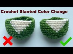 two crocheted green and white baby shoes with the words crochet slanted color change