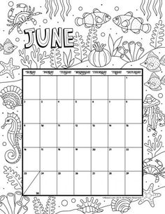 the june calendar with sea animals and corals on it, in black and white