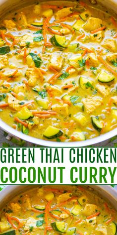 two pictures showing different types of green thai chicken and coconut curry