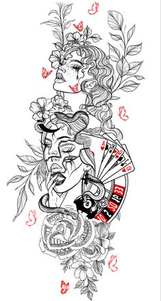 a drawing of a woman with flowers and playing cards in her hand, on a white background