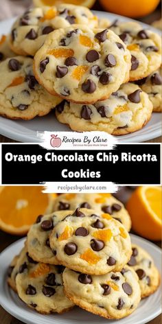 orange chocolate chip ricotta cookies are stacked on top of each other, with the title above it