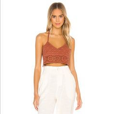 New Self: 95% Cotton, 5% Nylon Lining: 100% Cotton Halterneck And Back Tie Closure Crochet Knit Fabric Modeled In Size S Orange Bralette, Bralette Crochet, Boho Crop Top, Terracotta Color, Free People Bralette, Boho Crop Tops, Lace Halter Bralette, Crochet Bralette, Lace Bandeau