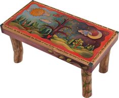 a small wooden table with an artistic painting on it's top and bottom edge