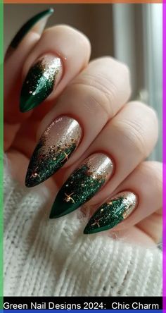 Explore the latest in nail art with these chic green nail designs for 2024! Add a touch of glamour to your style. #nailart #GreenNailDesigns Black Green Gold Nails, Loki Nails Designs, Slytherin Nail Art, Packers Nails, Loki Nails, Green And Gold Nail Designs, Prom Nails Green, Constellation Nail Art, Nail Art Vert