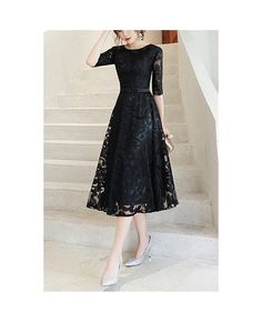 Buy modest lace half sleeve party dress tea length at cheap price online. Free stable shipping and pro custom service since 2009. Black Tea Length Dress, Lace Tea Length Dress, Dress Tea Length, Winter Wedding Guest Dress, Tea Length Wedding, Pretty Prom Dresses, Grad Dresses, Tea Length Dresses, Romantic Dress