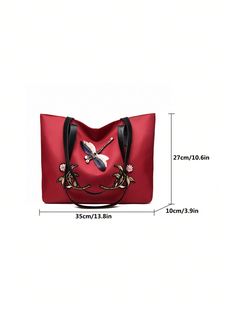 Elevate your everyday style with our Chic and Spacious Solid Color Embroidery Handbag. Crafted with high-quality materials, this handbag offers both fashion and functionality. Its spacious design allows you to carry all your essentials, while the solid color and embroidery add a touch of elegance. Perfect for any occasion, this handbag is an essential addition to your wardrobe. Color : Red Strap Type : Double Handle Details : Embroidery Bag Size : Medium Type : Shoulder Tote Bag Pattern Type : Animal, Colorblock, Plain Closure Type : Zipper Style : Fashionable Material : Polyester Composition : 100% Polyester Bag Height Bag Length Bag Width Handle Height 27 35 10 30 Red Square Canvas Bag With Large Capacity, Large Capacity Red Square Canvas Bag, Trendy Embroidered Travel Bag, Embroidered Shoulder Bag For Shopping, Trendy Embroidered Rectangular Shoulder Bag, Trendy Embroidered Shoulder Bag For Everyday Use, Trendy Embroidered Shoulder Bag For Daily Use, Trendy Embroidered Shoulder Bag For Shopping, Trendy Embroidered Handheld Bag