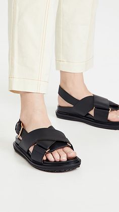 Marni Fussbett Sandals | SHOPBOP Leather Sandals With Logo Strap For Spring, Spring Leather Sandals With Logo Strap, Marni Fussbett, Gold Gladiator Sandals, Marni Sandals, Leather Dress Women, Criss Cross Sandals, Sandals Outfit, Ankle Strap Flats