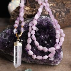 Gemstone Mala Beaded Necklace with Crystal Quartz Point 32" - Various Stones Rose Quartz Gemstone Necklace For Meditation, Rose Quartz Gemstone Necklaces For Meditation, Rose Quartz Necklaces With Natural Stones For Healing, Rose Quartz Necklace With Gemstone Beads For Meditation, Adjustable Rose Quartz Crystal Necklace For Healing, Spiritual Rose Quartz Crystals, Rose Quartz Crystal Necklace For Healing, Rose Quartz Round Beads Jewelry For Meditation, Spiritual Rose Quartz Crystals With Natural Stones