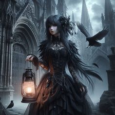 a woman holding a lantern in front of a gothic - inspired building with crows flying around her