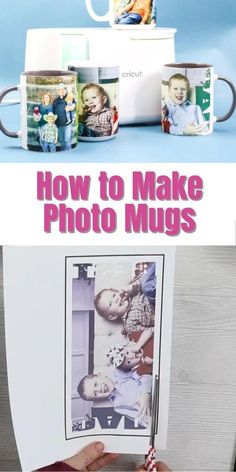 a person holding up a photo in front of coffee mugs with the words how to make photo mugs on them