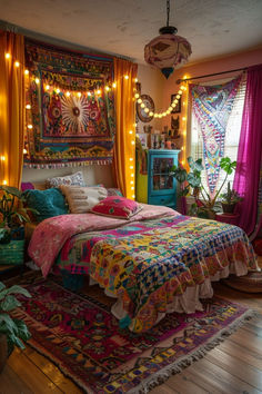 a bedroom decorated in bright colors and lights