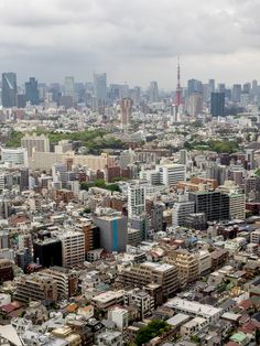 an aerial view of a city with tall buildings and skyscrapers in the distance on a cloudy day