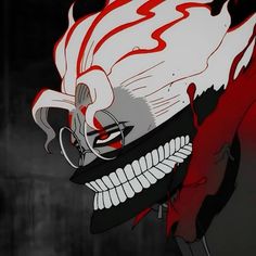 an anime character with red and white hair wearing a skull face mask on his head