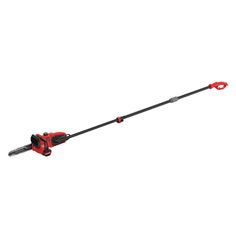 a red and black cordless hedge trimmer on a white background with clippings