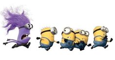 three minion characters with purple hair and one is jumping in front of the other