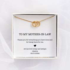 Give your mother-in-law this special Tiny Rings Necklace as a thank you. Each small ring on the necklace stands for family ties and the bond you're building with her. You can make it even more special by adding her name and your wedding date on the card that comes with it. This is a great gift for your mother-in-law to remember the big day and how important she is to you. DETAILS ∙ choose how many rings you want to have on the necklace  ∙ made entirely from 925 sterling silver, 24k gold vermeil ∙ no receipt included - perfect for sending directly to your loved one ∙ nickel free PACKAGING & GIFT MESSAGE This dainty necklace is presented in a Diamond Rose gift box. Add an optional gift message at the checkout, it will be printed inside the box, on the top lid. SIZE ∙ Necklace length approxim Meaningful Jewelry For Wedding And Mother's Day, Customizable Jewelry As A Wedding Gift For Mother's Day, Meaningful Wedding Jewelry For Mother's Day, Customizable Jewelry For Wedding Gift On Mother's Day, Meaningful Name Jewelry For Wedding, Mother's Day Bridesmaid Gift Heart Charm Necklace, Mother In Law Necklace, Mother's Day Wedding Necklace With Gift Box, Personalized Heart Necklace For Wedding, Mother's Day