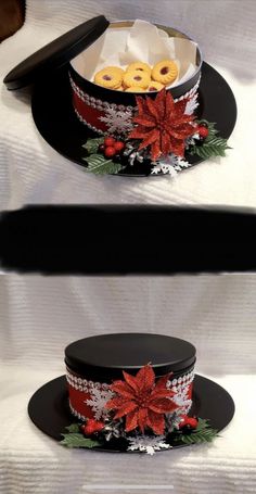 two black plates topped with donuts and poinsettis next to each other