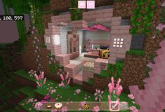 the inside of a house in minecraft with pink flowers on the ground and trees