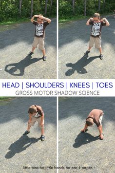 there are four pictures of a young boy holding his hands behind his head and looking at the ground