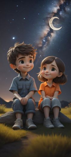 two children sitting on a rock looking at the stars